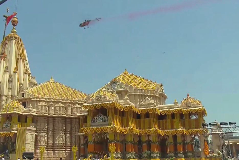 Indian Air Force’s Suryakiran Aerobatic Team performed a 15-minute air show above the temple complex. Indian Air Force’s Suryakiran Aerobatic Team performed a 15-minute air show above the temple complex.
